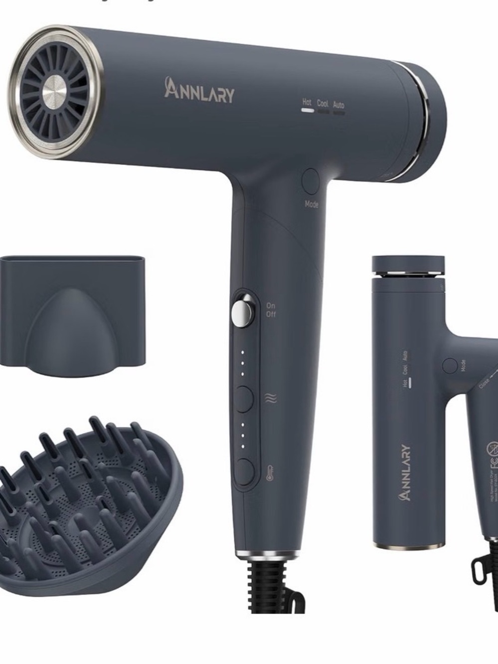 Annlary Compact Hair Dryer in Dark Gray with Diffuser & Nozzle